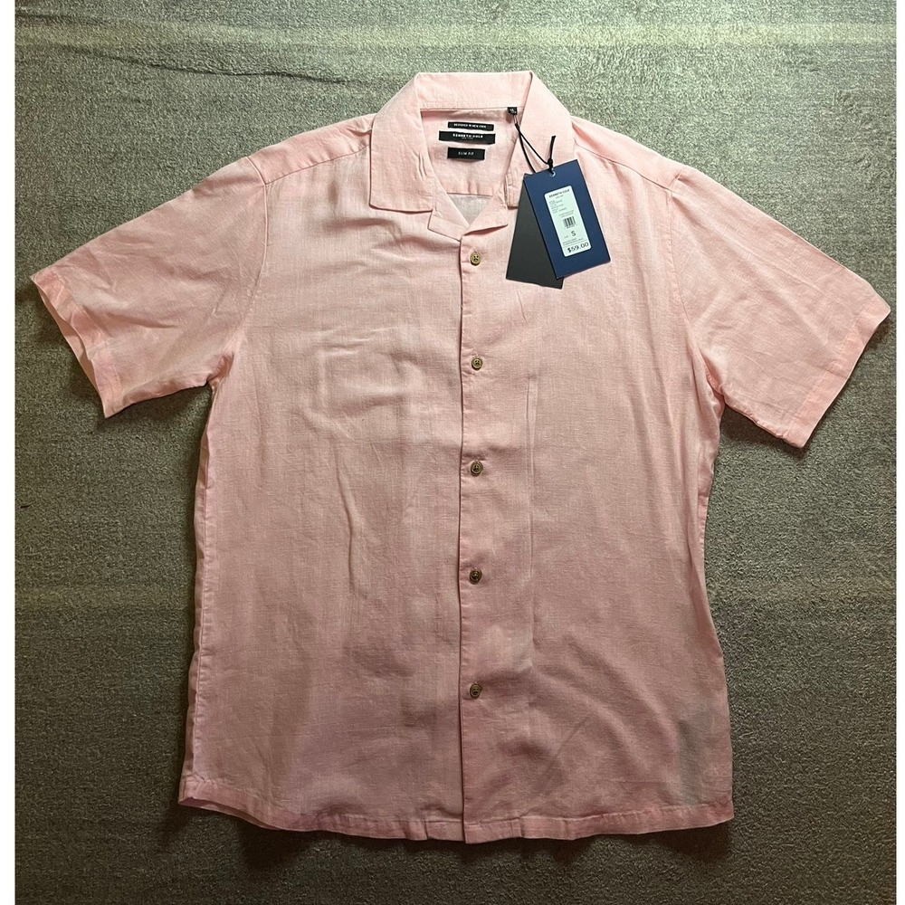 Kenneth Cole New York Mens Slim Fit Linen Blend Camp Collar Shirt Pink Large NWT